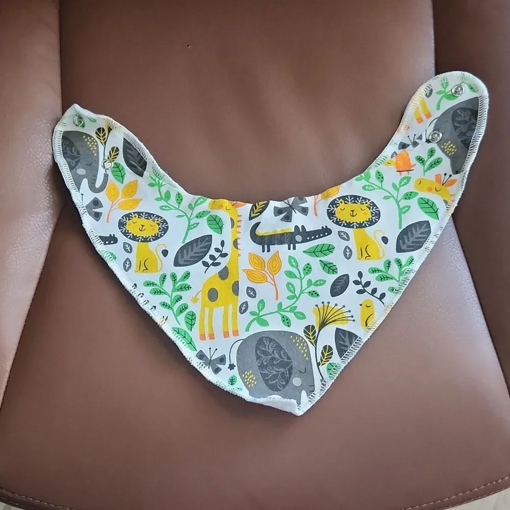 Safari Animal Print Baby Bandana Bib White Yellow Gray Green Snap Closure Cotton